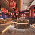 Chinese Style Hot Pot Restaurant Interior With Red Lanterns Wooden Tables Chairs And Menu Signs
