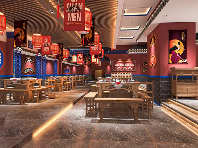 Chinese Style Hot Pot Restaurant Interior With Red Lanterns Wooden Tables Chairs And Menu Signs 3d model
