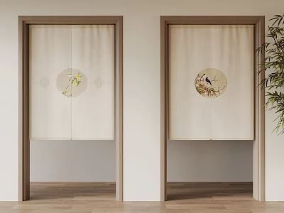 Japanese Sliding Washi Doors With Circular Flower Bird Patterns And Wooden Frames 3d model