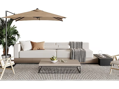 Outdoor Sofa Lounge With Patio Umbrella Coffee Table And Plants 3d model