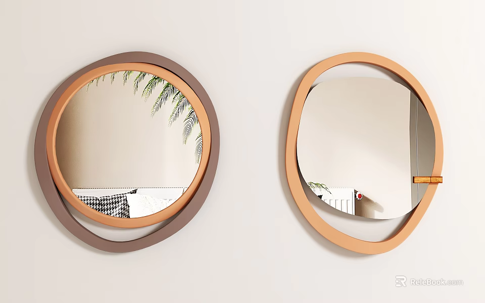 Two Oval and Round Mirrors With Wooden Frames And Reflected Plants For Wall Decor 3d model