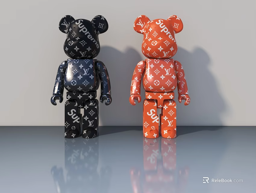 Black and Orange Bearbrick Figures with Supreme LV Logos on Glossy Surface Reflections 3d model 