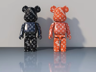 Black and Orange Bearbrick Figures with Supreme LV Logos on Glossy Surface Reflections 3d model