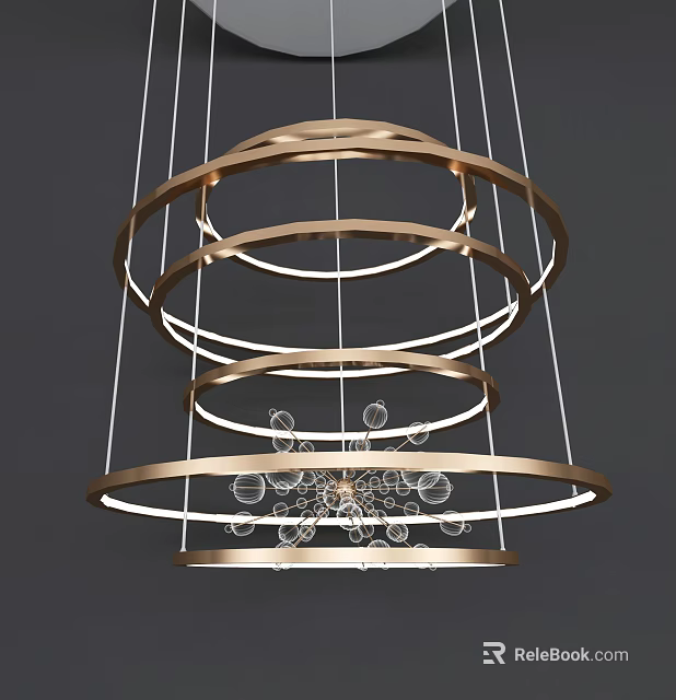 Elegant Modern Chandelier With Multiple Golden Circular Rings And Transparent Bubble Decorations 3d model 