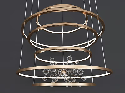Elegant Modern Chandelier With Multiple Golden Circular Rings And Transparent Bubble Decorations 3d model