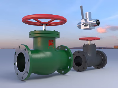 Green And Gray Industrial Valves With Red Handwheels And Flanges 3d model