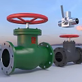 Green And Gray Industrial Valves With Red Handwheels And Flanges
