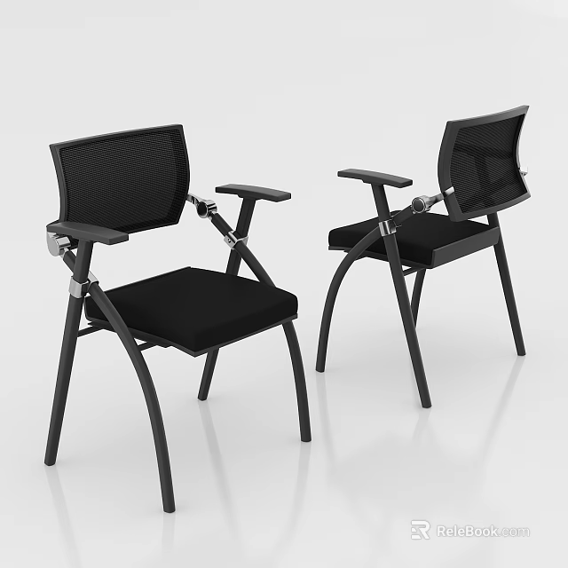 Two Modern Office Chairs with Black Mesh Back Padded Seat and Metal Armrests Frame 3d model 