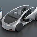 Futuristic Silver Concept Car With Charging Pillar Transparent Roof And Modern Interior