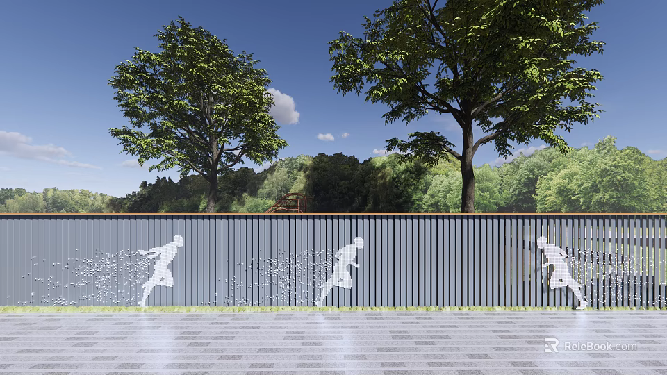 Outdoor Scenic Wall Featuring White Running Silhouettes Green Trees And Blue Sky 3d model 