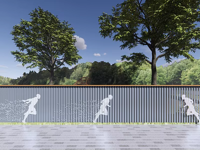 Outdoor Scenic Wall Featuring White Running Silhouettes Green Trees And Blue Sky 3d model