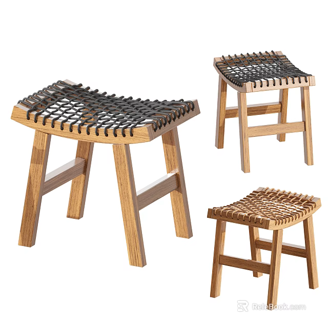 Three Wooden Stools With Woven Seat Design And Natural Wood Finish 3d model 