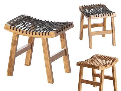 Three Wooden Stools With Woven Seat Design And Natural Wood Finish 3d model