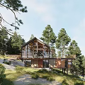 Detached Villa Surrounded by Pine Trees with Glass Walls on Hillside in Natural Setting