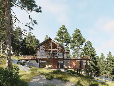 Detached Villa Surrounded by Pine Trees with Glass Walls on Hillside in Natural Setting 3d model