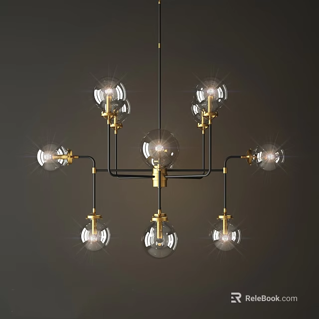 Elegant Modern Chandelier With Brass Frame And Clear Glass Globe Bulbs 3d model 
