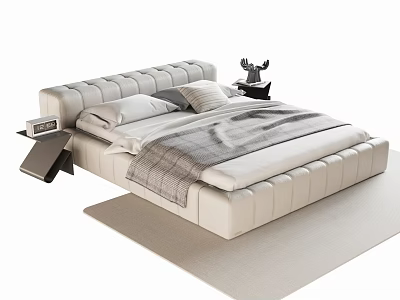 Beige Leather Double Bed With Tufted Headboard Soft Bedding And Side Nightstand 3d model