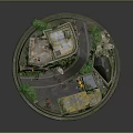 Miniature Vintage Buildings with Brick Yellow Walls Moss Covered Roofs Small Structures and Greenery