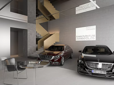 Modern Car Showroom Interior Design With Luxury Vehicles And Staircase Display Sign 3d model