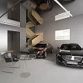 Modern Car Showroom Interior Design With Luxury Vehicles And Staircase Display Sign