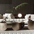 Modern Living Room With Round Metal Coffee Table Green Plant Table Lamp And Decorative Items