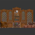Classic Architectural Interior with Ornate Wooden Bookcase Leather Chair and Vintage Trunks