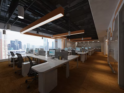 Modern Public Office Space With White Desks Computers Black Chairs And City View 3d model
