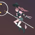 Woman with pink long ponytail black hat yellow decorations holding glowing sword in dark sky