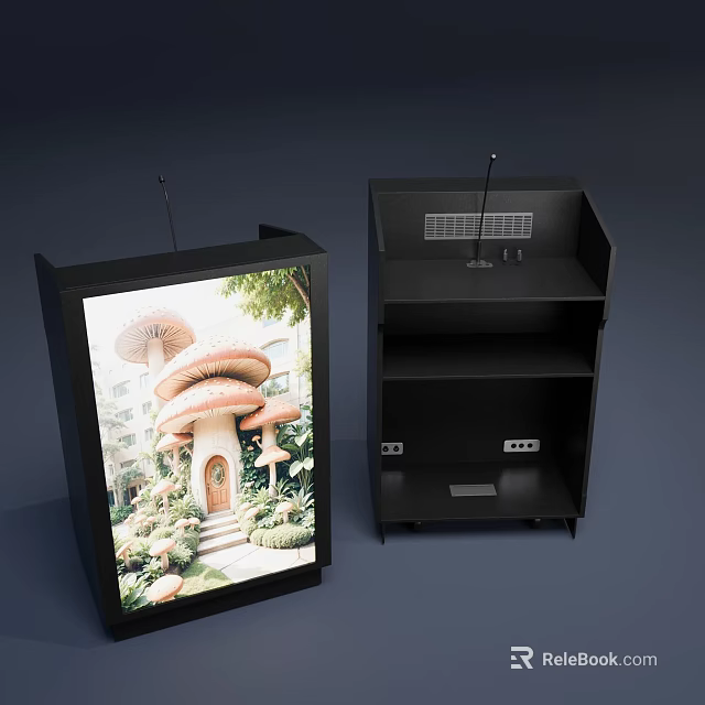Black Display Stands With Screen Showing Mushroom House Plants And Empty Shelves Ports 3d model 