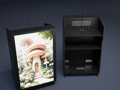 Black Display Stands With Screen Showing Mushroom House Plants And Empty Shelves Ports 3d model