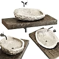 Natural Stone Wash Basin on Rustic Wooden Countertop with Metal Faucet