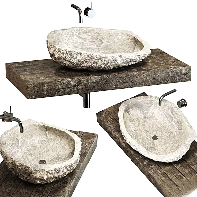 Natural Stone Wash Basin on Rustic Wooden Countertop with Metal Faucet 3d model