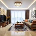 Modern Dining and Living Room with Wooden Table Chairs Ceiling Fan Curtains And Decorative Painting