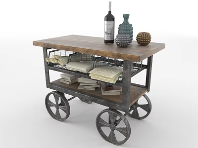 Vintage Storage Cart With Wooden Top Metal Frame Wheels Storage Baskets Towels And Books 3d model