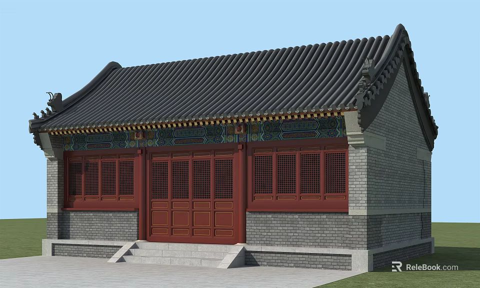 Ancient Chinese Building Featuring Black Tiled Roof Red Doors Gray Brick Walls And Stone Steps 3d model 