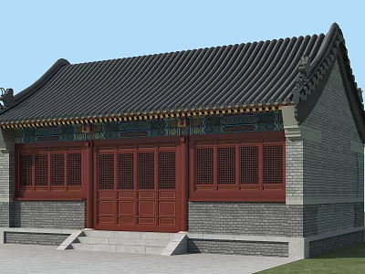 Ancient Chinese Building Featuring Black Tiled Roof Red Doors Gray Brick Walls And Stone Steps 3d model