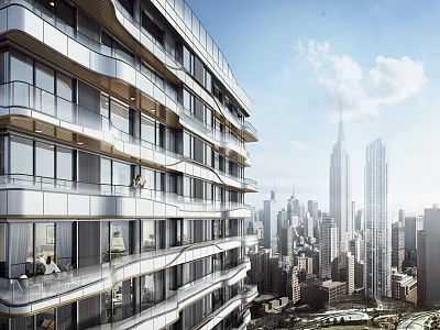 Modern High Rise Apartment Building With Glass Facades And Urban Skyline View 3d model
