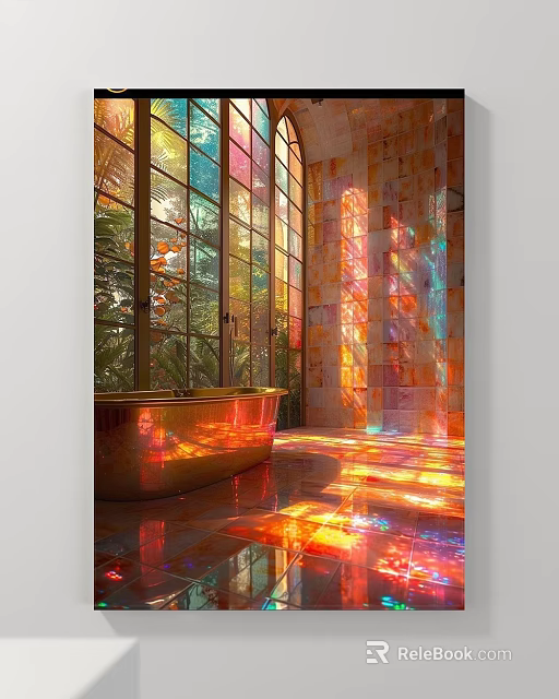 Abstract Painting Inspired Colorful Light Reflections In Bathroom With Bathtub And Stained Glass 3d model 