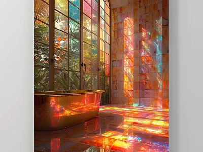 Abstract Painting Inspired Colorful Light Reflections In Bathroom With Bathtub And Stained Glass 3d model