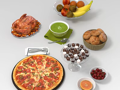 Delicious Assorted Food Platter With Pizza Roasted Chicken Bread Fruit Soup And Desserts 3d model