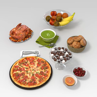 Delicious Assorted Food Platter With Pizza Roasted Chicken Bread Fruit Soup And Desserts 3d model