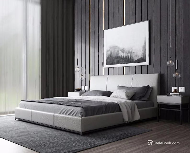 White Leather Double Bed with Gray Sheets Dark Wooden Wall and Black White Abstract Painting 3d model 