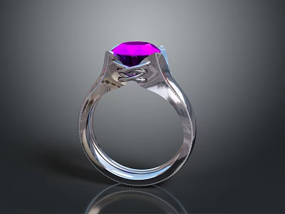 Elegant Silver Ring With Purple Gemstone And Intricate Band Design 3d model