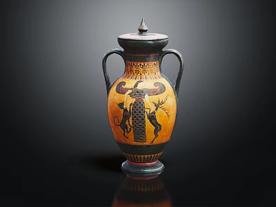 Decorative Antique Furniture Vase With Two Handles Lid And Painted Patterns 3d model
