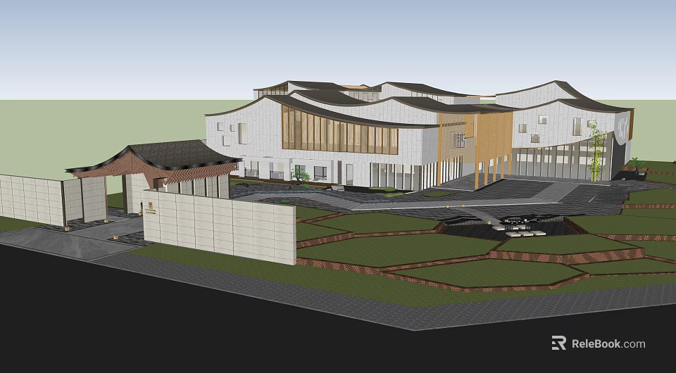 Chinese Style Sales Office Exterior With Traditional Roof Courtyard And Modern Architectural Design 3d model 