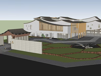 Chinese Style Sales Office Exterior With Traditional Roof Courtyard And Modern Architectural Design 3d model