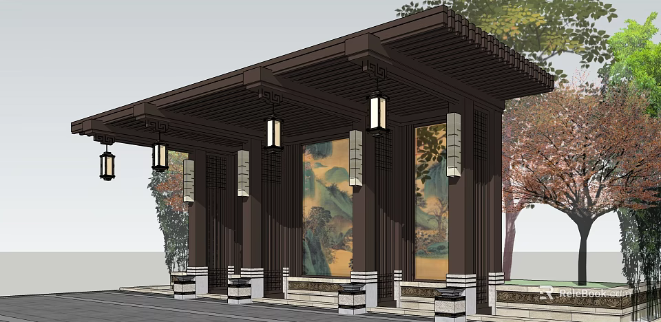 Traditional Chinese Wooden Pergola with Hanging Lanterns and Landscape Paintings 3d model 