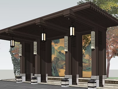 Traditional Chinese Wooden Pergola with Hanging Lanterns and Landscape Paintings 3d model