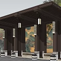Traditional Chinese Wooden Pergola with Hanging Lanterns and Landscape Paintings