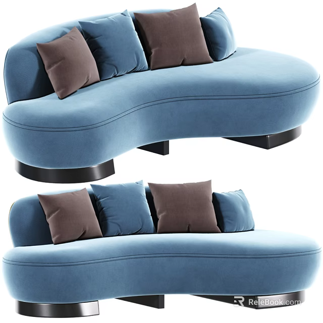 Blue Curved Sectional Sofa With Brown And Blue Decorative Pillows 3d model